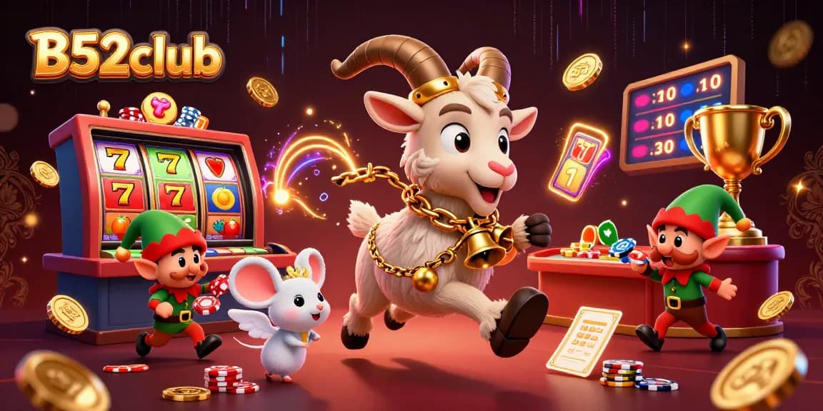 B52club brings excitement as festive Krampus and angel mouse manage a vibrant casino scene with animated slot machines.