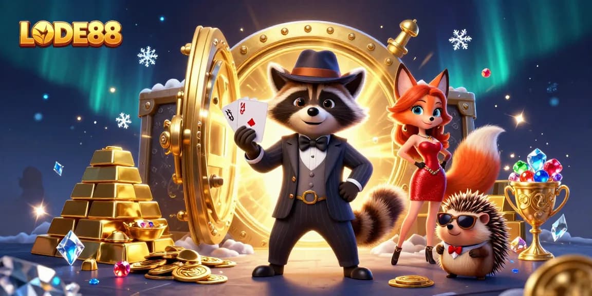 Experience thrilling gameplay with LODE88 as a suave raccoon showcases a royal flush