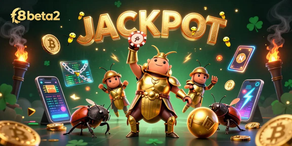 Engage with f8beta2's thrilling casino excitement through a dynamic illustration featuring a victorious beetle champion.