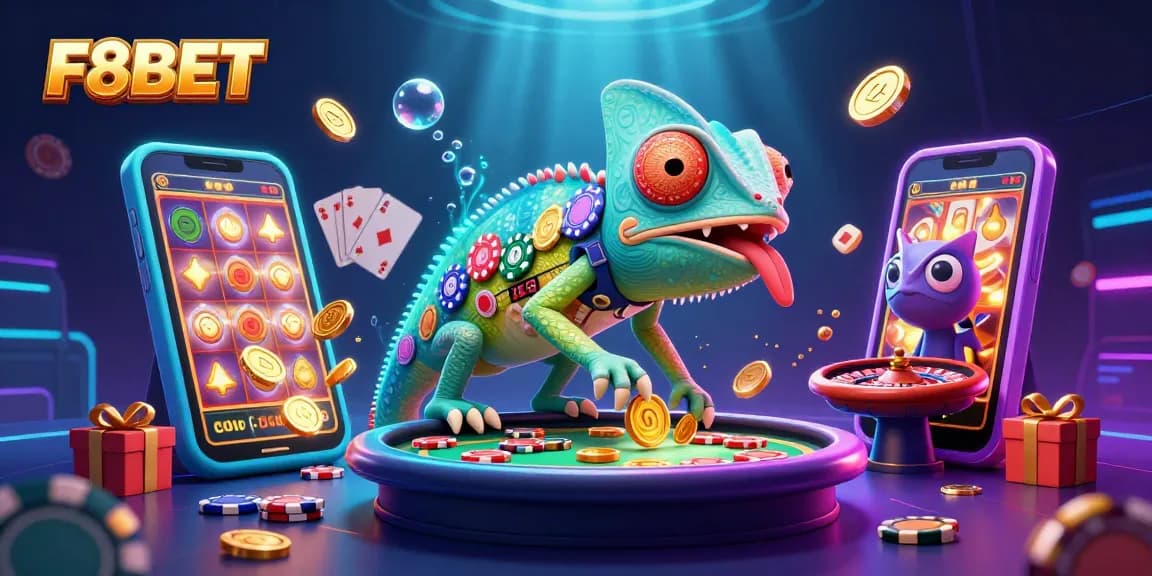 Play slots and experience the thrill of F8BET with vibrant casino elements in a colorful 3D scene.