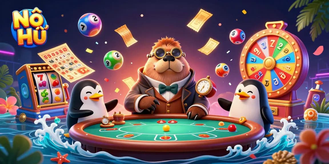 Experience Nổ Hũ in an exciting underwater poker game featuring a jolly walrus and his friends, packed with colorful gaming elements.