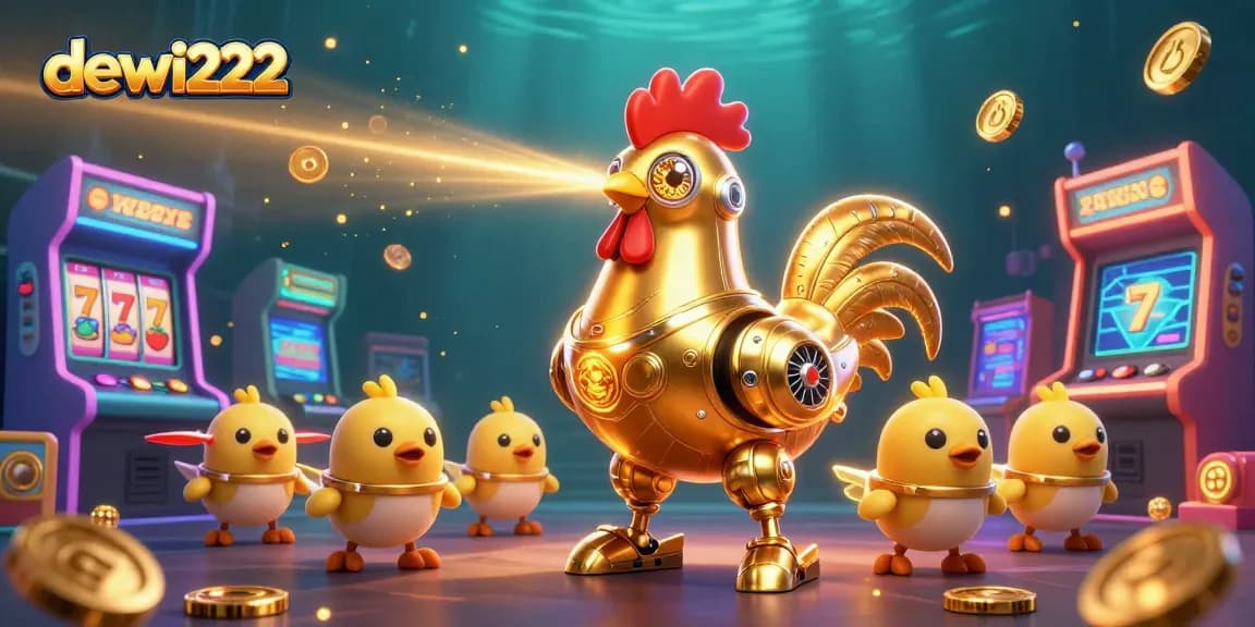 Slot online seru di dewi222 dengan karakter ayam robot dan mesin arcade berkilau.
