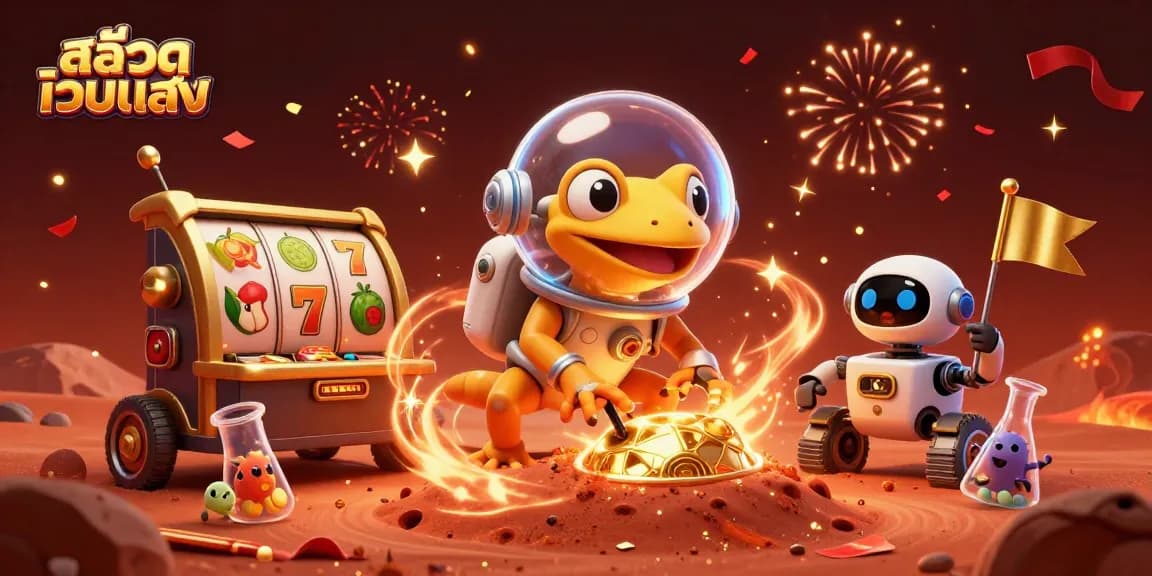 Experience slots at สล็อตเว็บตรง with a Martian gecko uncovering treasures in a golden casino.