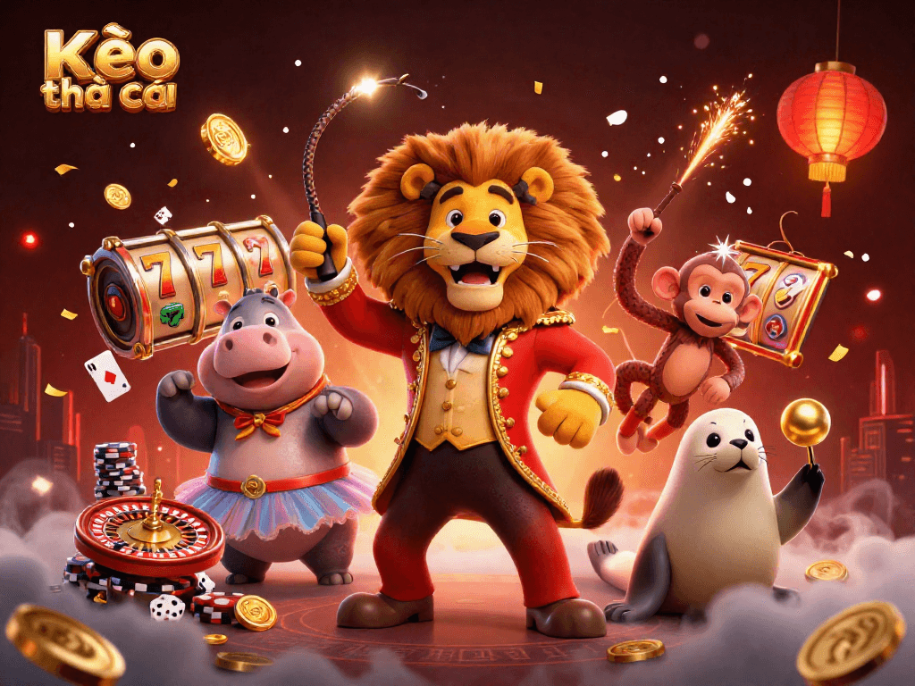 Kèo nhà cái features festive 3D casino characters celebrating wins with slots, poker, and roulette elements