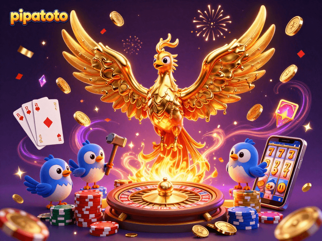 Pipatoto offers exciting gameplay with a golden phoenix and dynamic casino elements in a vibrant illustration.
