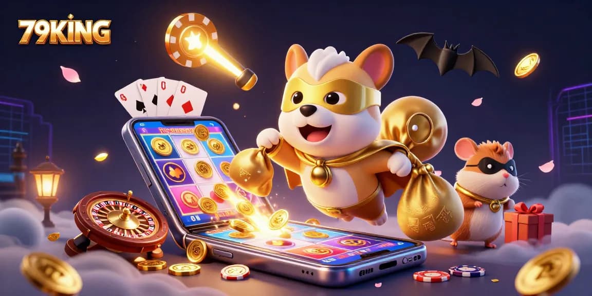 Experience thrilling gaming action with 79KING, featuring a cartoon superhero dog and exciting game elements.