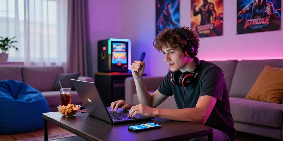 Engaging online gaming moment with link mpo777 on laptop in a vibrant living room.