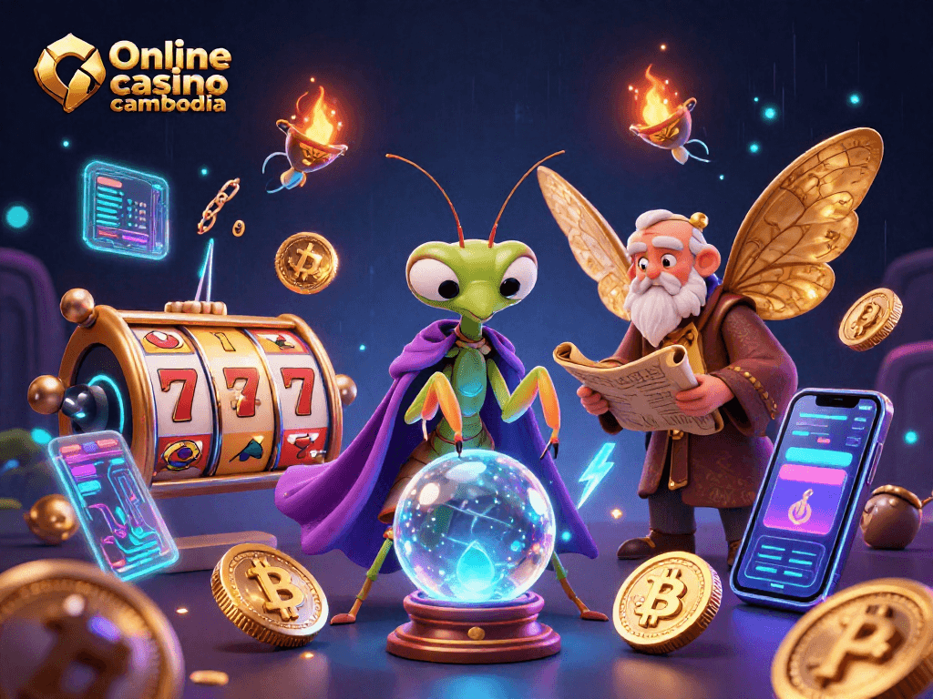 Engage in thrilling online casino cambodia games with our vibrant 3D illustration featuring slots and cryptocurrency.