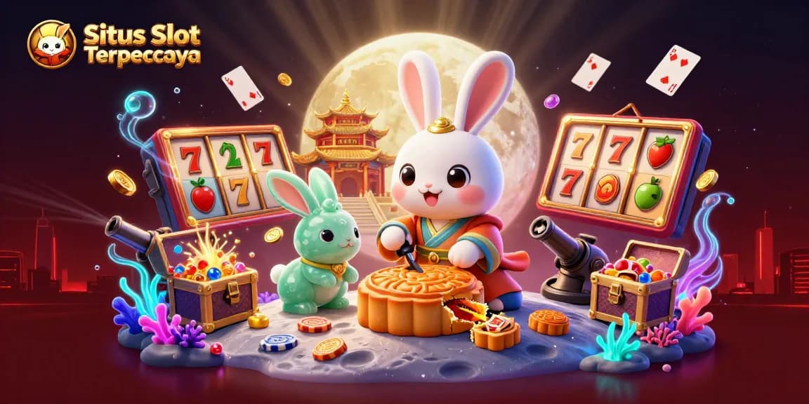 Situs Slot Terpercaya showcases lively gaming with vibrant slots, poker chips, and an enchanting moon rabbit scene.