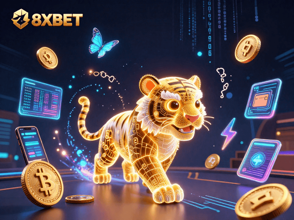 8XBET showcases a vibrant casino world with a golden tiger and crypto elements, highlighting thrilling gaming.