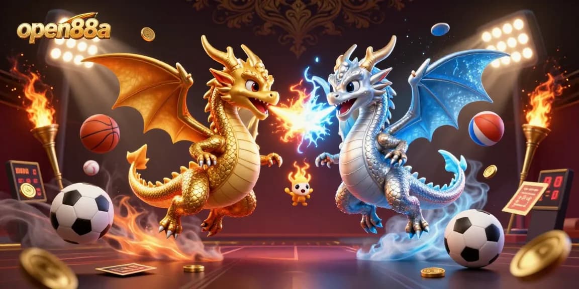 Engage in thrilling action with open88a, featuring gilded dragons and sports betting elements in a vibrant casino scene.