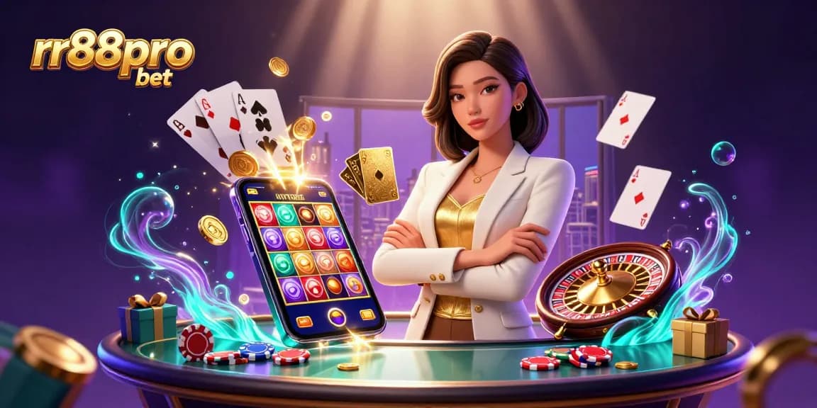 Engage with thrilling games at rr88pro bet, showcasing an elegant Asian woman in a casino scene, surrounded by sparkling elements.