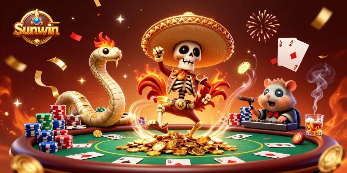 Sunwin offers thrilling gaming experience with a festive illustration of skeleton characters celebrating at a casino.