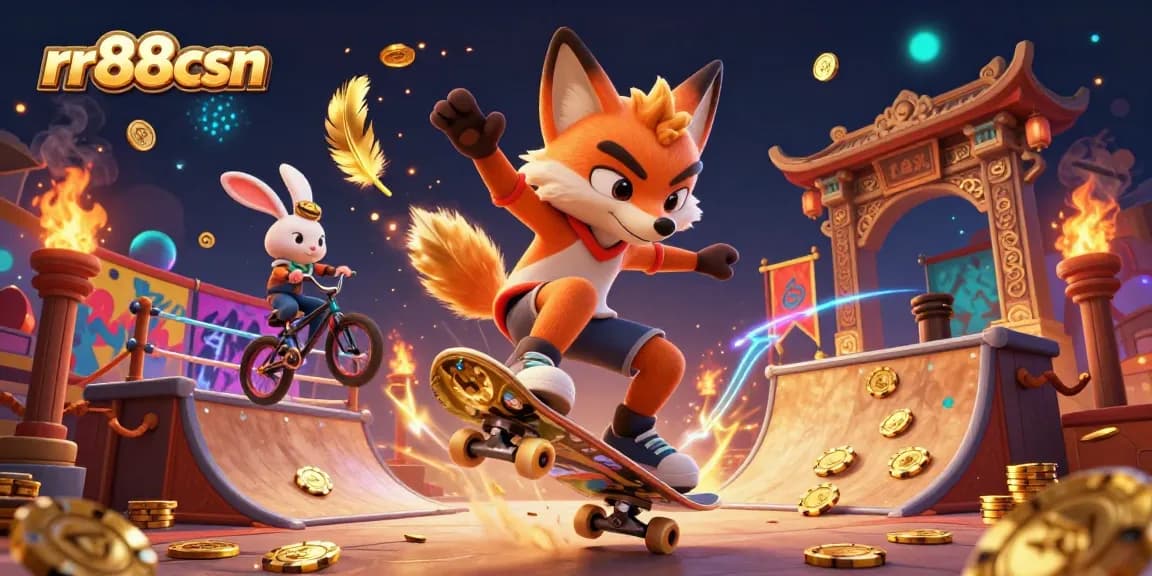 Engage with the vibrant world of rr88csn as a cartoon fox performs tricks while surrounded by dynamic casino symbols and animated game elements.