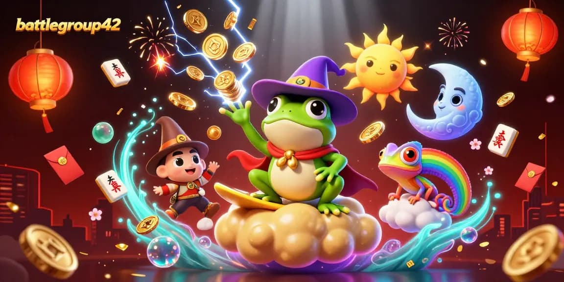 battlegroup42 celebrates with a vibrant 3D scene of a weather wizard frog and chameleon, capturing casino excitement.