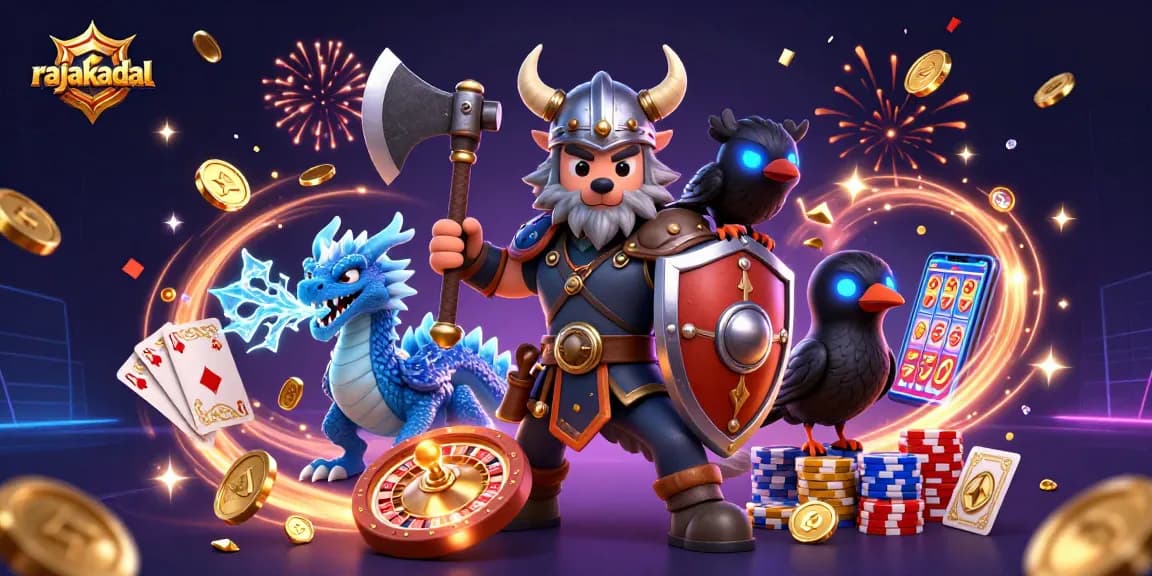 Gambaran 3D rajakadal yang menampilkan gladiator Viking dan naga, dikelilingi koin emas dan permainan judi lainnya.
