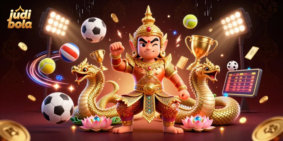 Experience judi bola excitement with a dynamic scene of guardian figures, sports elements, and vibrant lights.
