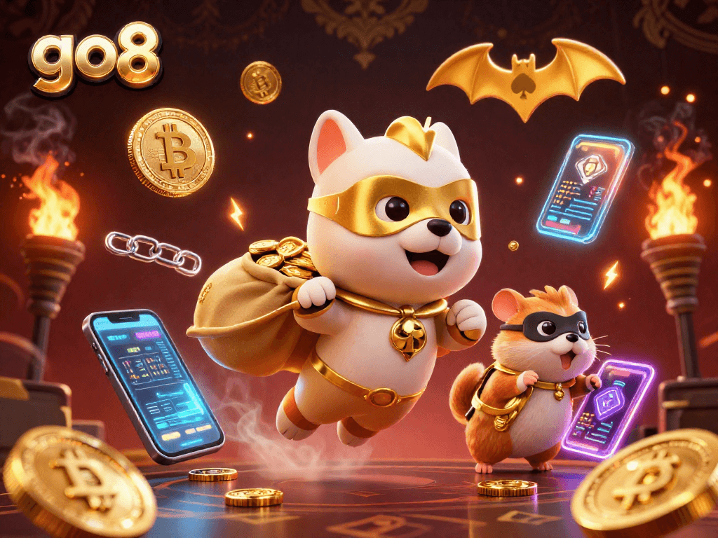 Engage with go8's exciting adventure featuring a superhero dog flying with gold coins and crypto elements.