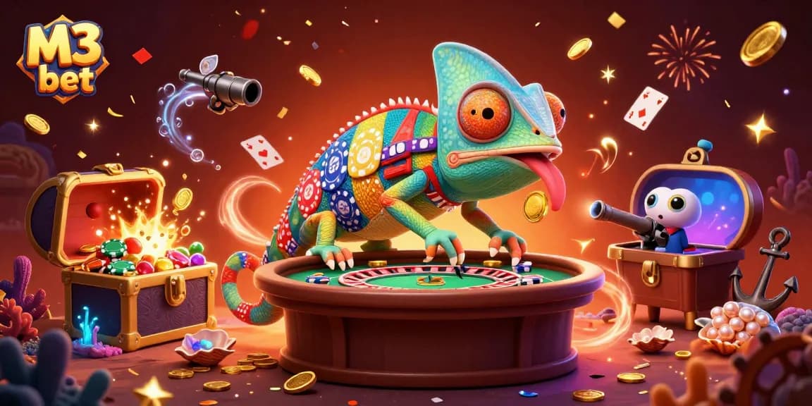 Engage in M3 bet excitement with a vibrant chameleon casino owner and dynamic gaming elements.