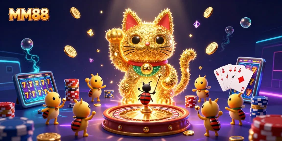 Experience thrilling MM88 gaming with a vibrant lucky cat and dynamic casino elements.