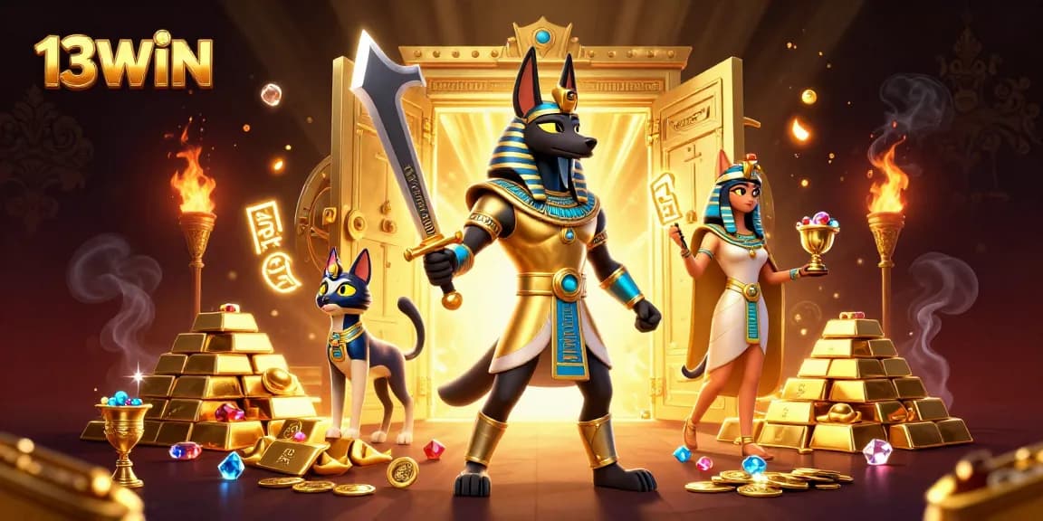 Experience epic wins with 13WIN amidst golden treasure and ancient Egypitan characters.