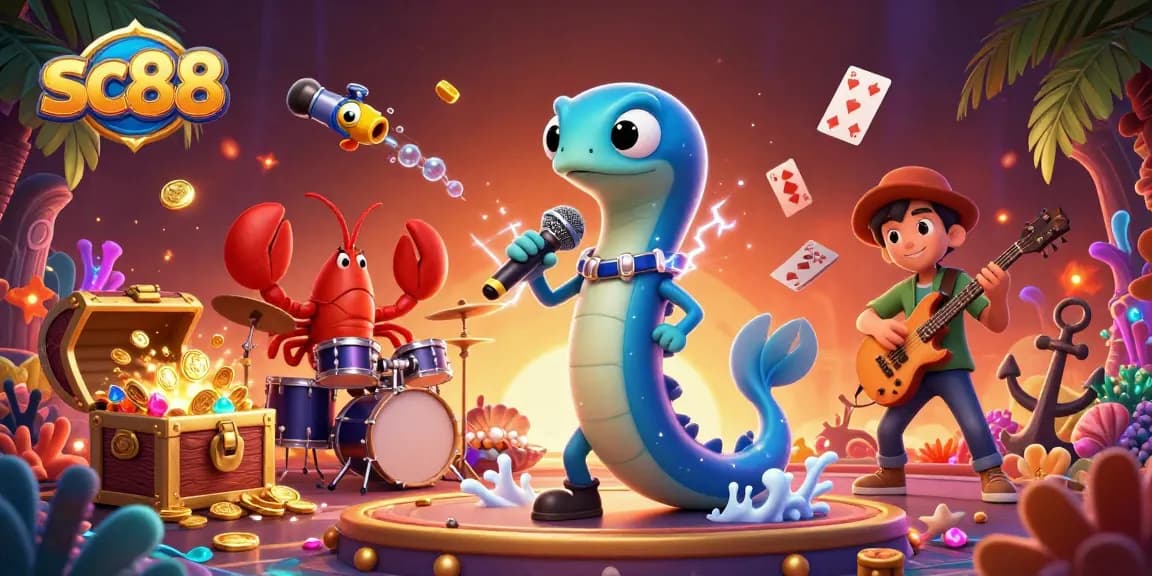 Win big at sc88 with a vibrant underwater casino scene featuring an electric eel DJ.