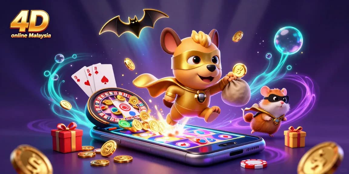 Experience exciting 4D online Malaysia action with a superhero dog and treasure in this vibrant illustration.