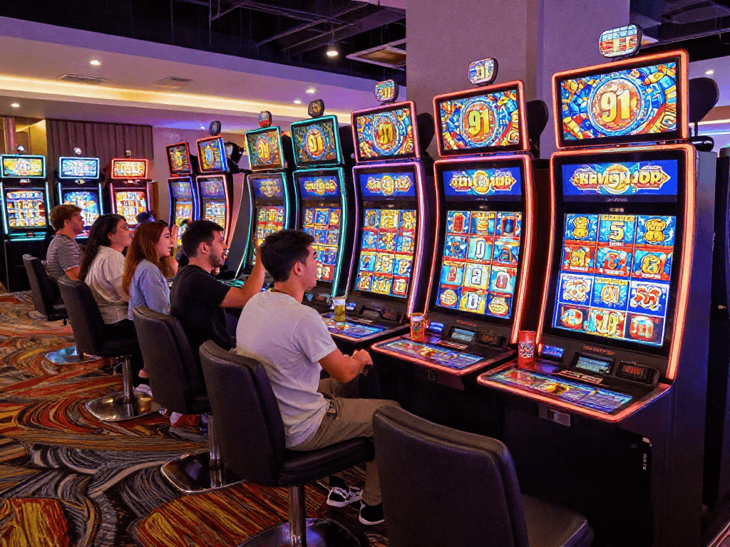 Group enjoying vibrant slot91 gaming experience in a lively casino.