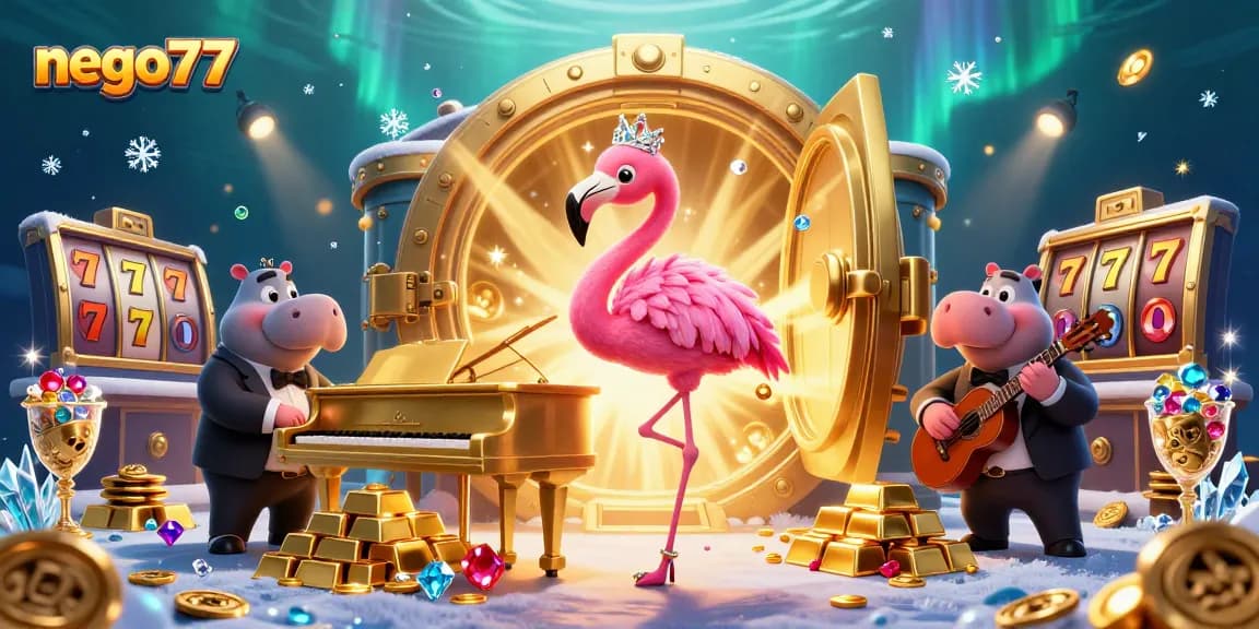 Play thrilling games at nego77, featuring slot reels and sparkling gems in a vibrant casino scene.