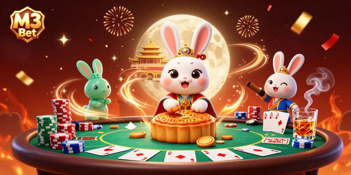 M3 Bet celebrates with a moon rabbit and poker elements in a vibrant casino atmosphere