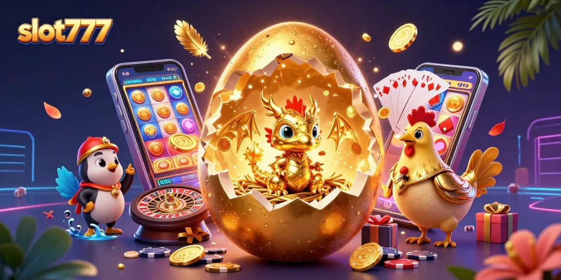 Experience slot777 with a golden dragon guarding poker chips and colorful slot games.