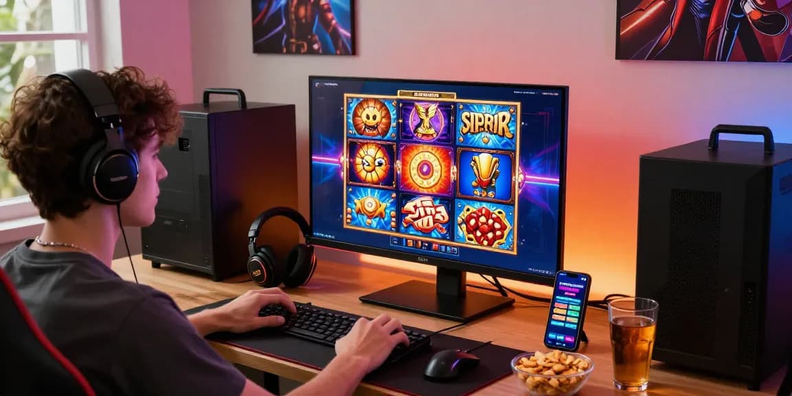 Engaging online gaming scene showcasing Link Alternatif Cemeslot with vibrant slot visuals and a player enjoying a thrilling experience.