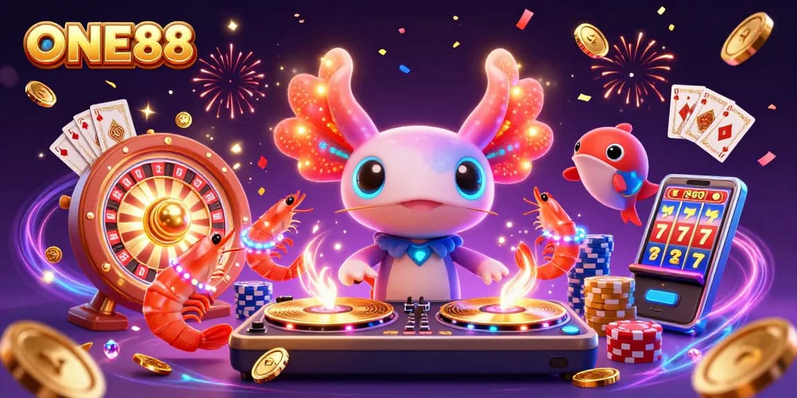 Join ONE88's vibrant casino scene with an axolotl DJ and glowing shrimp dancers celebrating wins!