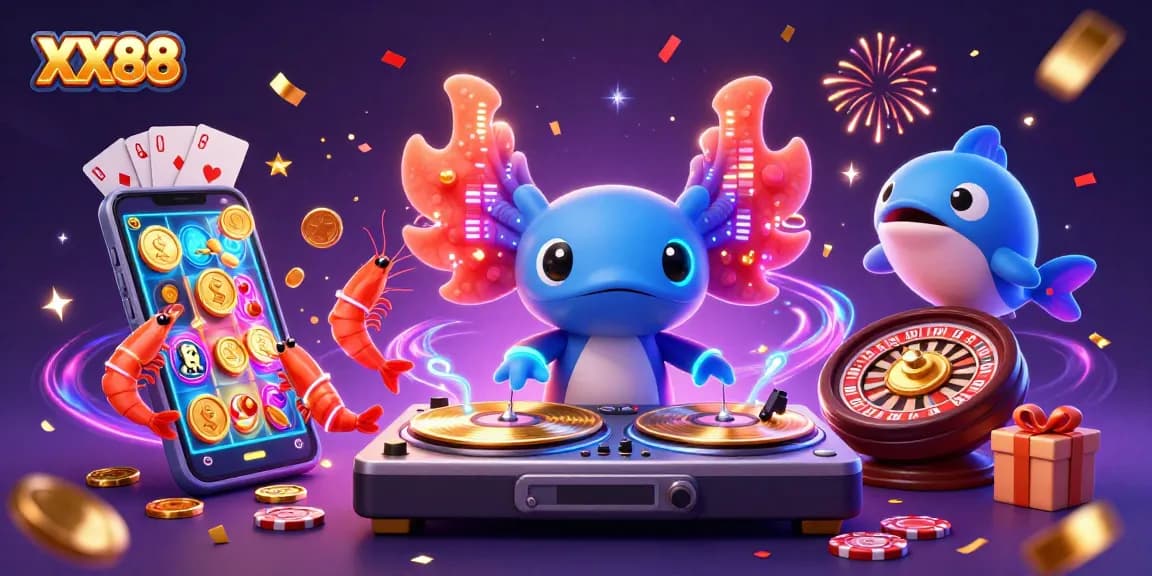 Experience the vibrant energy of XX88 with a neon axolotl DJ spinning exciting casino games.