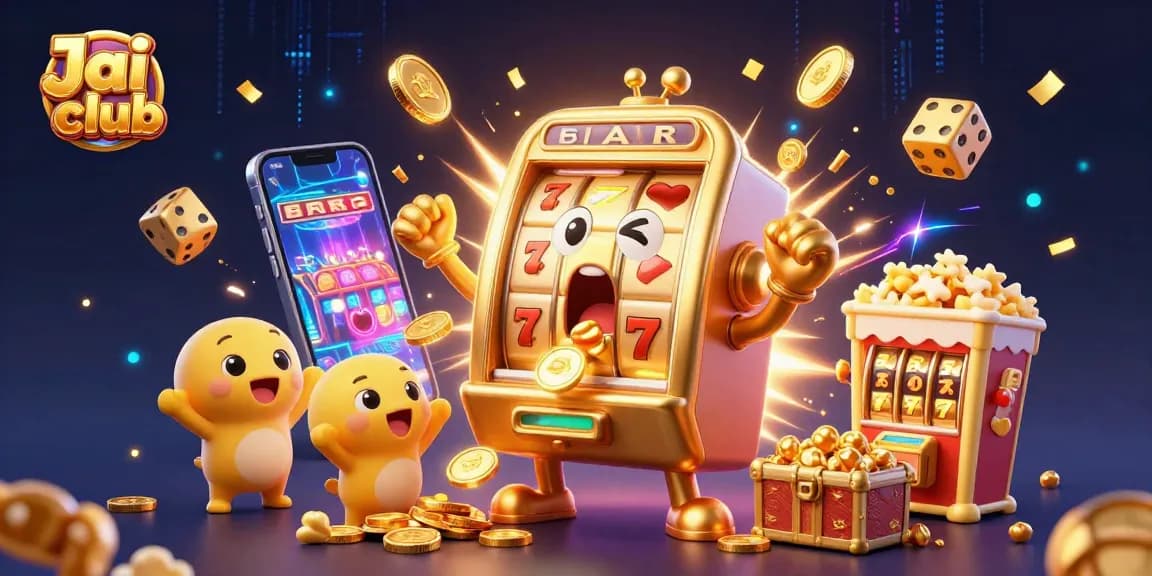 Spin and win with Jai club, featuring a golden slot machine hitting a jackpot with coins pouring out.