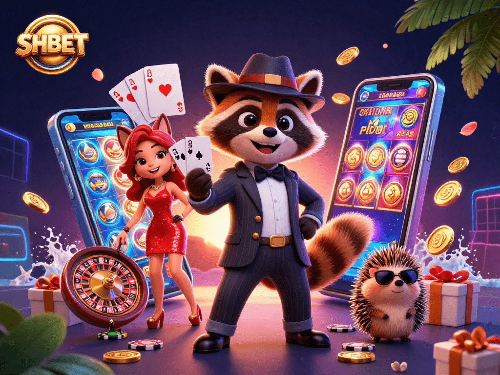 Experience excitement with SHBET as a suave raccoon and fox celebrate big wins amid vibrant casino gameplay.