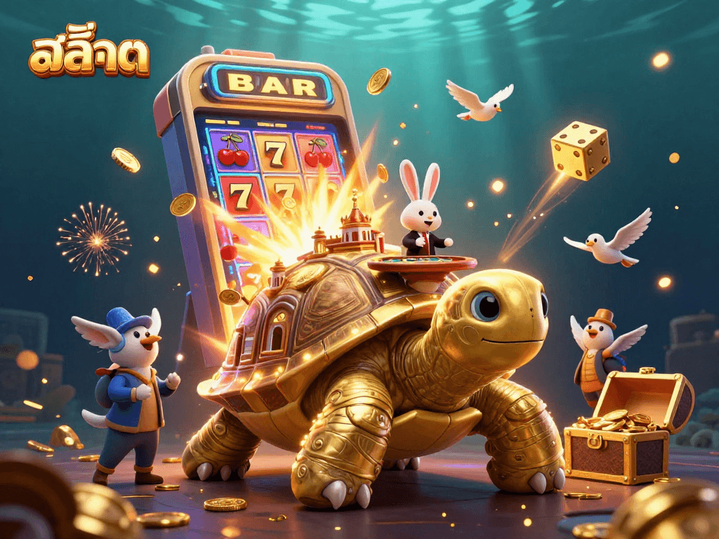 Experience excitement at the สล็อต themed casino with a vibrant tortoise and dealer scene.