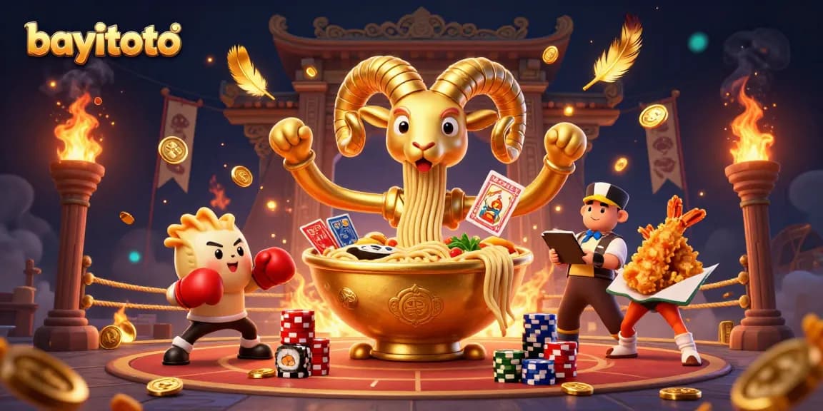 bayitoto showcases a vibrant casino scene with a giant ramen bowl dealer and dynamic elements.