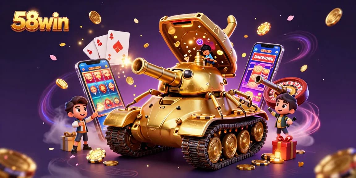 Experience the world of 58win with a vibrant casino-themed illustration filled with action and excitement.