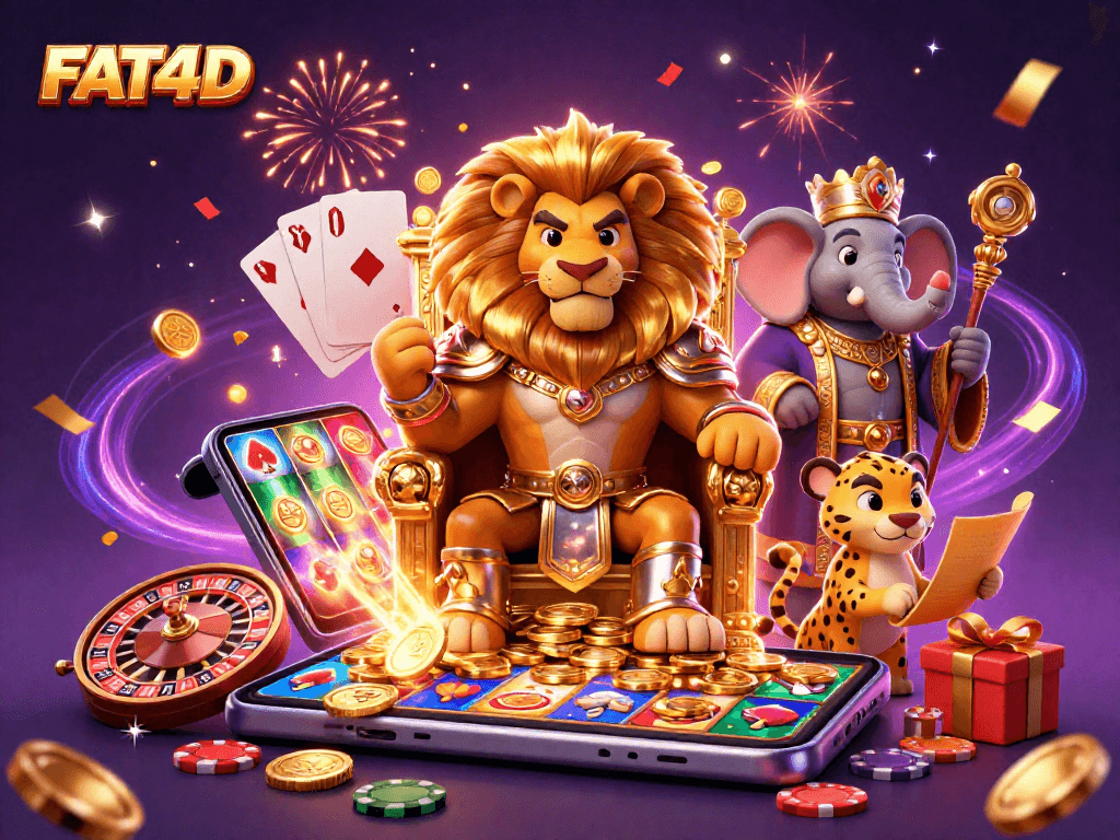 Experience the excitement of FAT4D with a vibrant 3D casino scene showcasing a lion king, an elephant advisor, and a cheetah messenger.