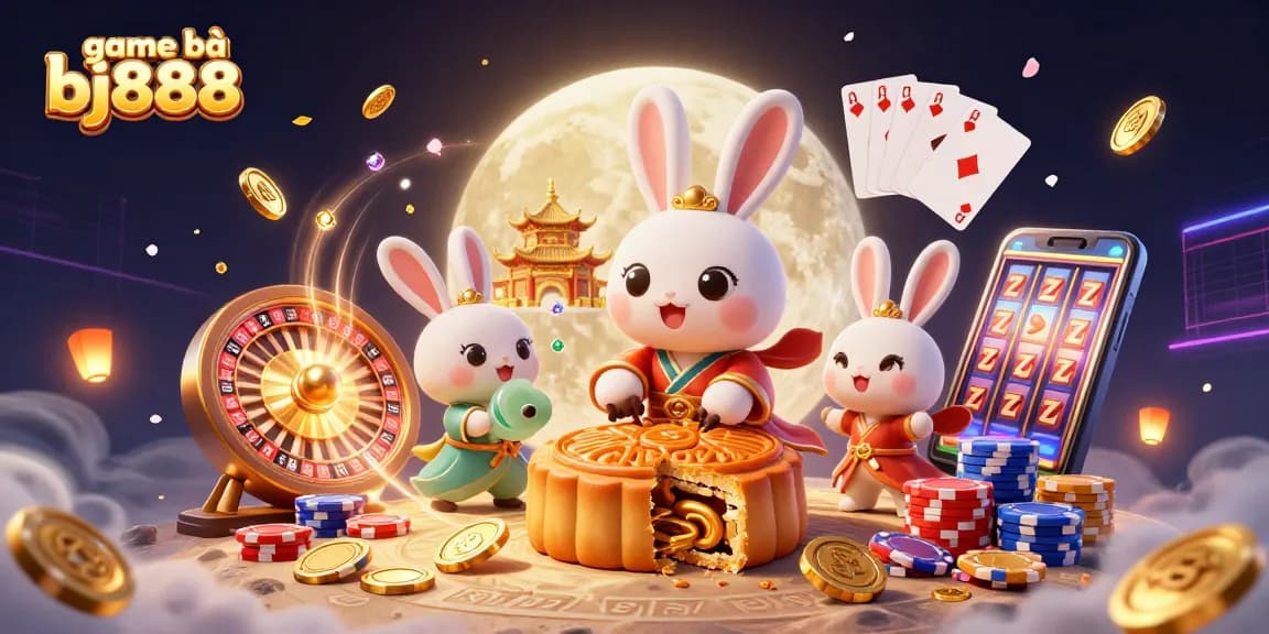 Experience the thrill of game bài bj888 with a vibrant casino scene featuring rabbits and poker elements.