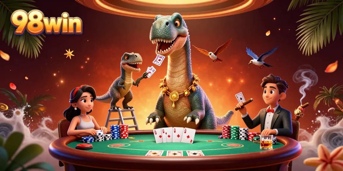 Engage with a lively 98win casino scene featuring a brontosaurus and raptor in action.