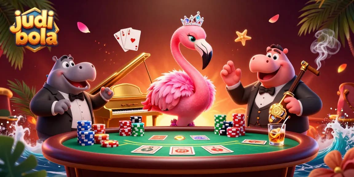 Engage in judi bola betting with lively cartoon characters amidst a dynamic casino scene.