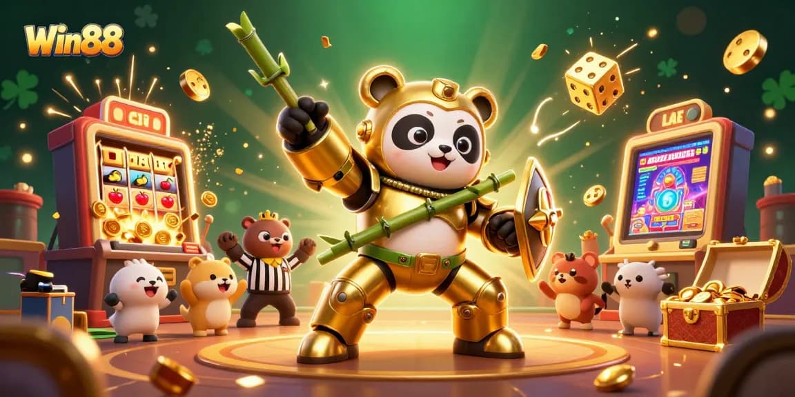 Win88 engages in a vibrant casino arena featuring a golden panda mech-suit, slot machine, and gaming elements.