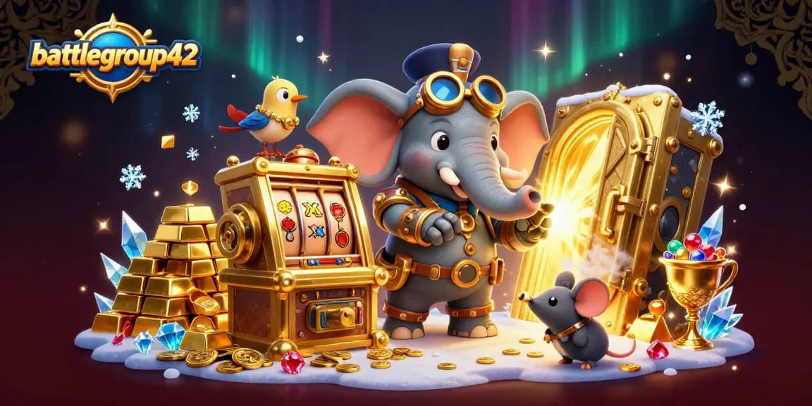 battlegroup42 steampunk scene with an elephant engineer at a golden slot machine amidst treasures
