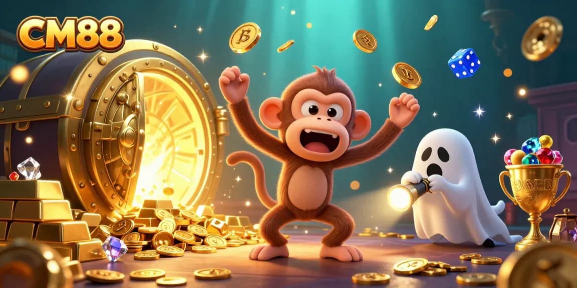 Engage with exciting casino adventures at CM88, featuring a playful poltergeist monkey juggling treasures in a haunted casino.