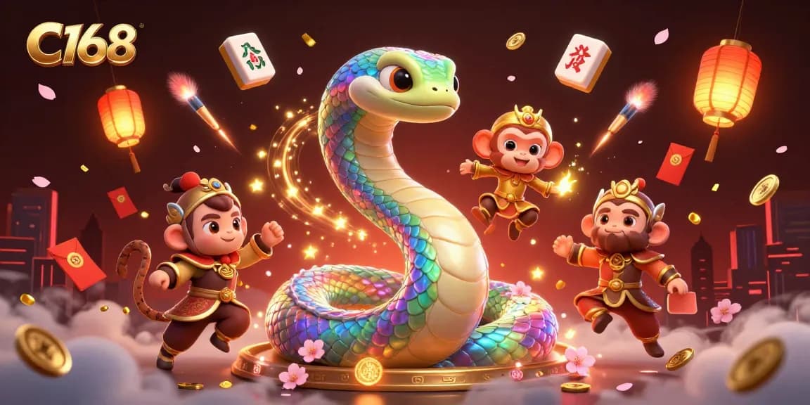 C168 celebrates winning moments in a vibrant 3D casino scene with a rainbow serpent and monkey king.