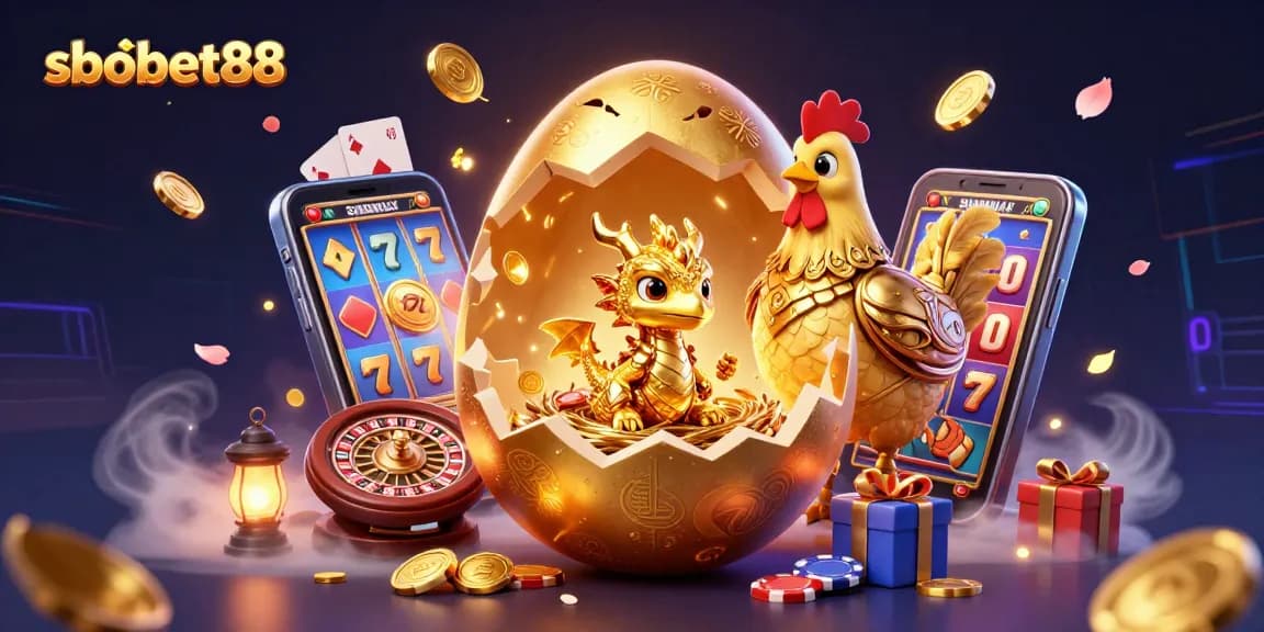 Engage in sbobet88 excitement with a golden dragon among poker chips and vibrant slot game elements.