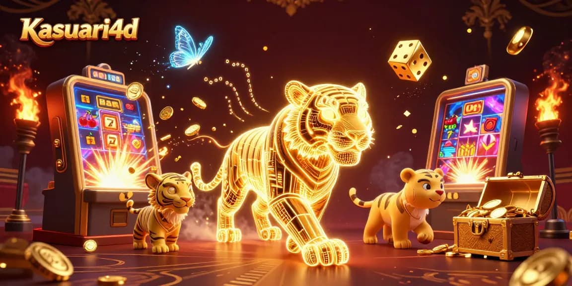 Kasuari4d mempersembahkan ilustrasi slot menakjubkan dengan mesin slot dan karakter menyenangkan di kasino digital.