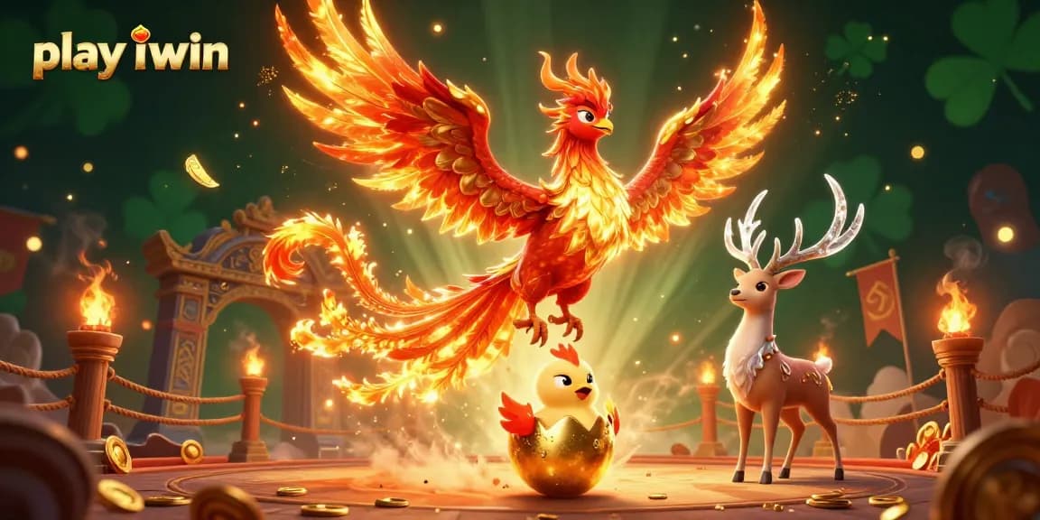 Play iwin with engaging 3D art showcasing a phoenix and stag in a vibrant casino scene.